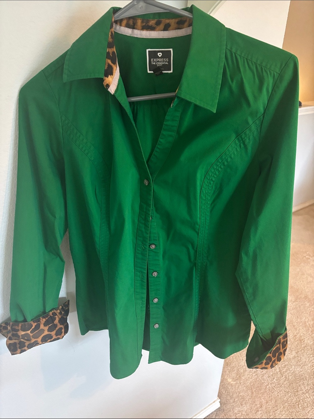 Express Green Button-Up Shirt with Leopard Accent